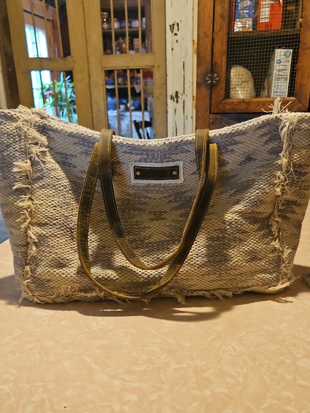 Neutral Woven Tote with Brown Shoulder Straps